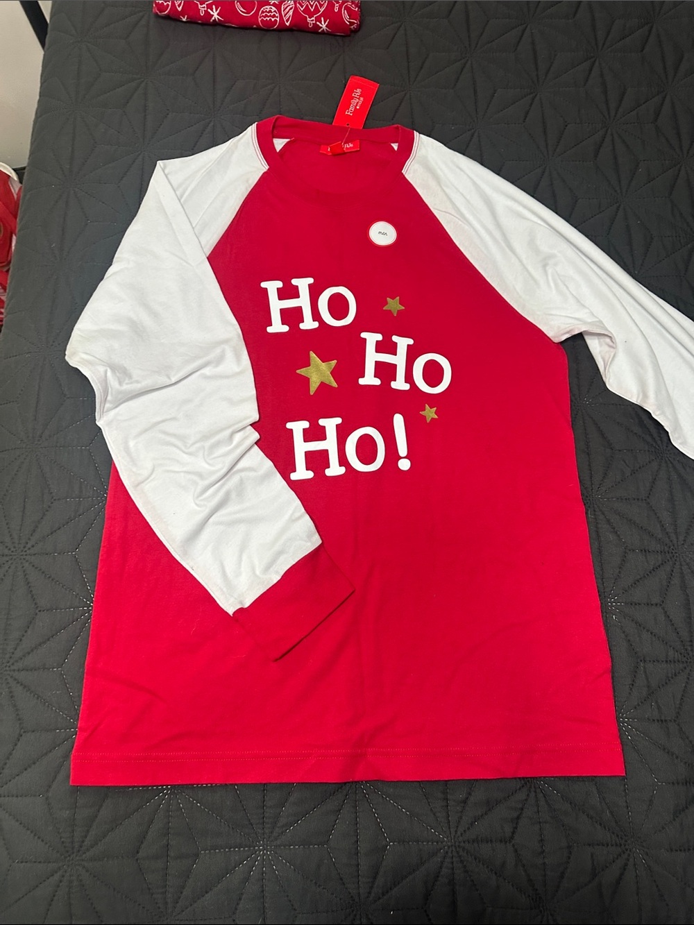 Macy's Red and White "Ho Ho Ho!" Long Sleeve Raglan Tee and pants both medium